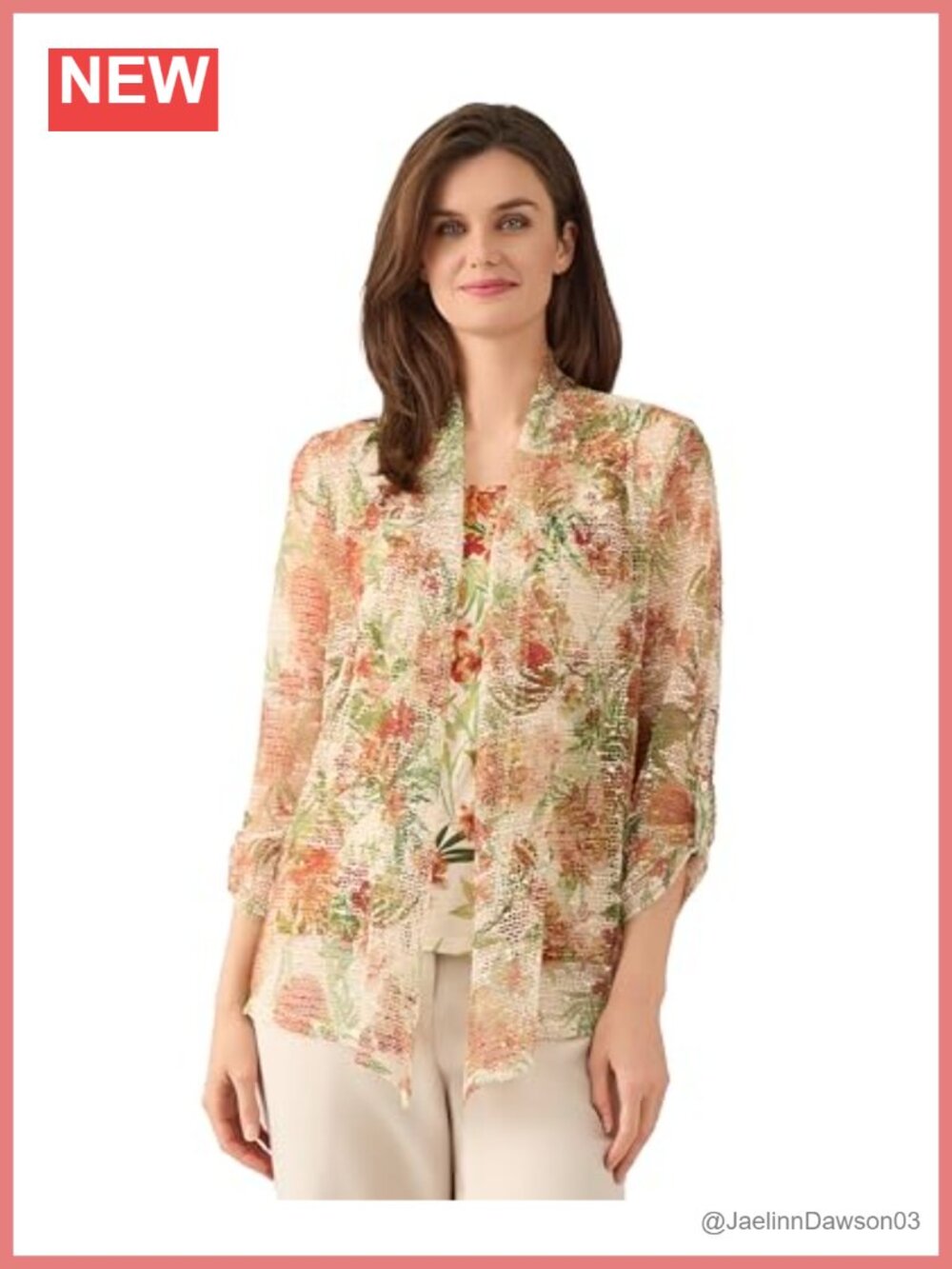Kasper 3/4 Sleeve Printed Matter Jersey Open Cardigan Stretch Office
